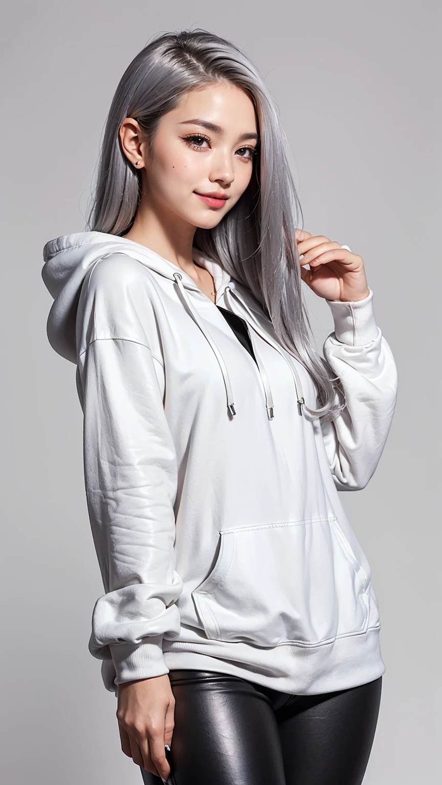 Realistic, masterpiece, Highest quality, Highest Resolution, Anatomically correct, Accurate Anatomy, (Gray blank background:1.3), (1girl:1.3), 22 years old, Height: 168cm, 8 heads, Shot from thigh up, (Thick thighs:1.2), (Long Hair, Straight Hair, Silver Hair:1.3), (Squint your eyes, Sharp Eyes, (Iris:1.2)), (Hidden eyelid wrinkles:1.2), Thin eyebrows, Draw eyelashes carefully, Natural Makeup, Chin up, Grin, profile, (White hoodie, Black Leather Pants:1.3), (Barker's hood is not on, There are two strings:1.3), (Sitting with legs spread on a simple chair:1.2)