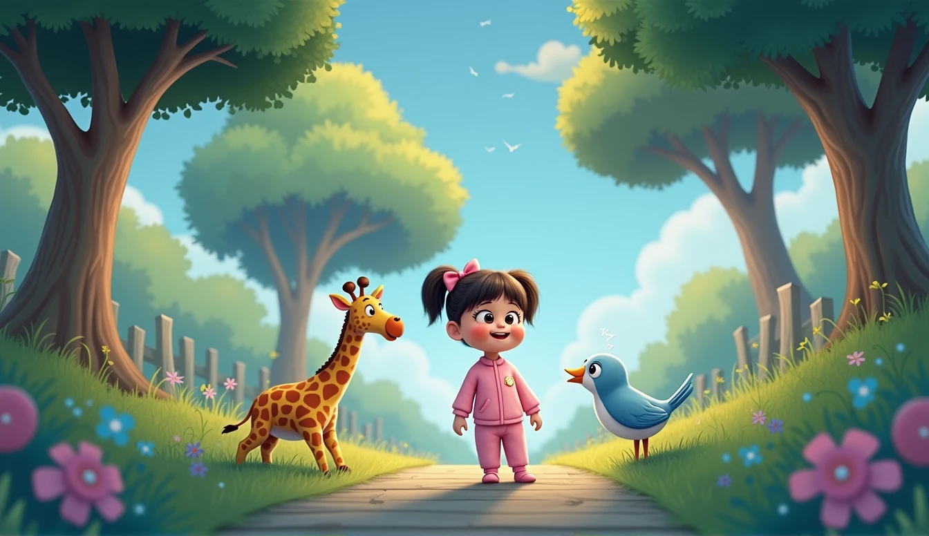 A little cartoon girl in pink pajamas stands with a stuffed giraffe and talks to a blue cartoon bird