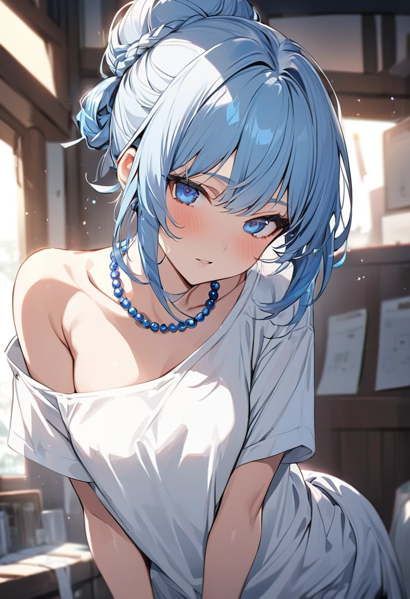 anime girl, light blue hair, hair completely tied up in a bun, white wide t-shirt, blue pearl necklace, dark blue eyes. ultra detailed 