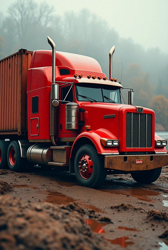 Highest quality, masterpiece, Ultra-high resolution, photo shoot、(Red truck and container)、Dirt、mud、