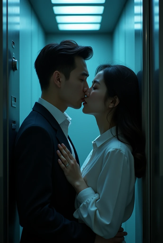 a man leans his head into a beautiful Korean girl's ear and whispers something, realistic lighting, cinema style, daylight, in an elevator, cold lighting,