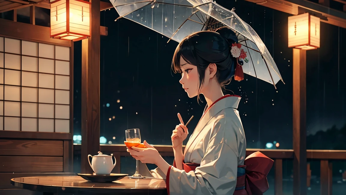 A very pretty Japanese woman in a kimono is sitting at a table on the deck of a ship,Outside, the rain is falling quietly　The woman gazes at the rain with a quiet, gentle face. A single warm drink sits on the table.　There is a nice soft light lamp on the table.　Like Ukiyo-e　Gentle sound of rain