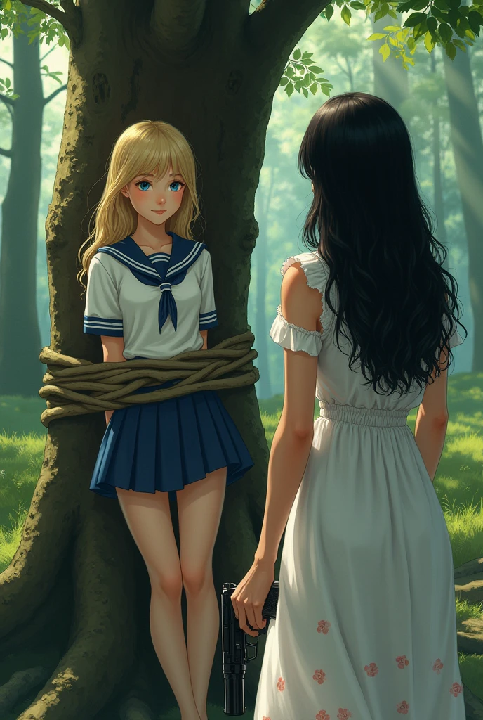 Young blonde , blue eyes, white skin tied to a tree in the forest , schoolar uniform , There is a young girl with black hair , Caucasian skin , white dress with flower pattern and she is in front of him with a gun