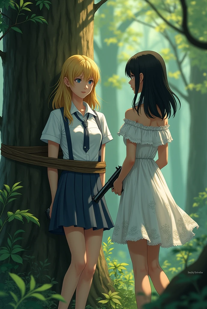 Young blonde , blue eyes, white skin tied to a tree in the forest , schoolar uniform , There is a young girl with black hair , Caucasian skin , white dress with flower pattern and she is in front of him with a gun
