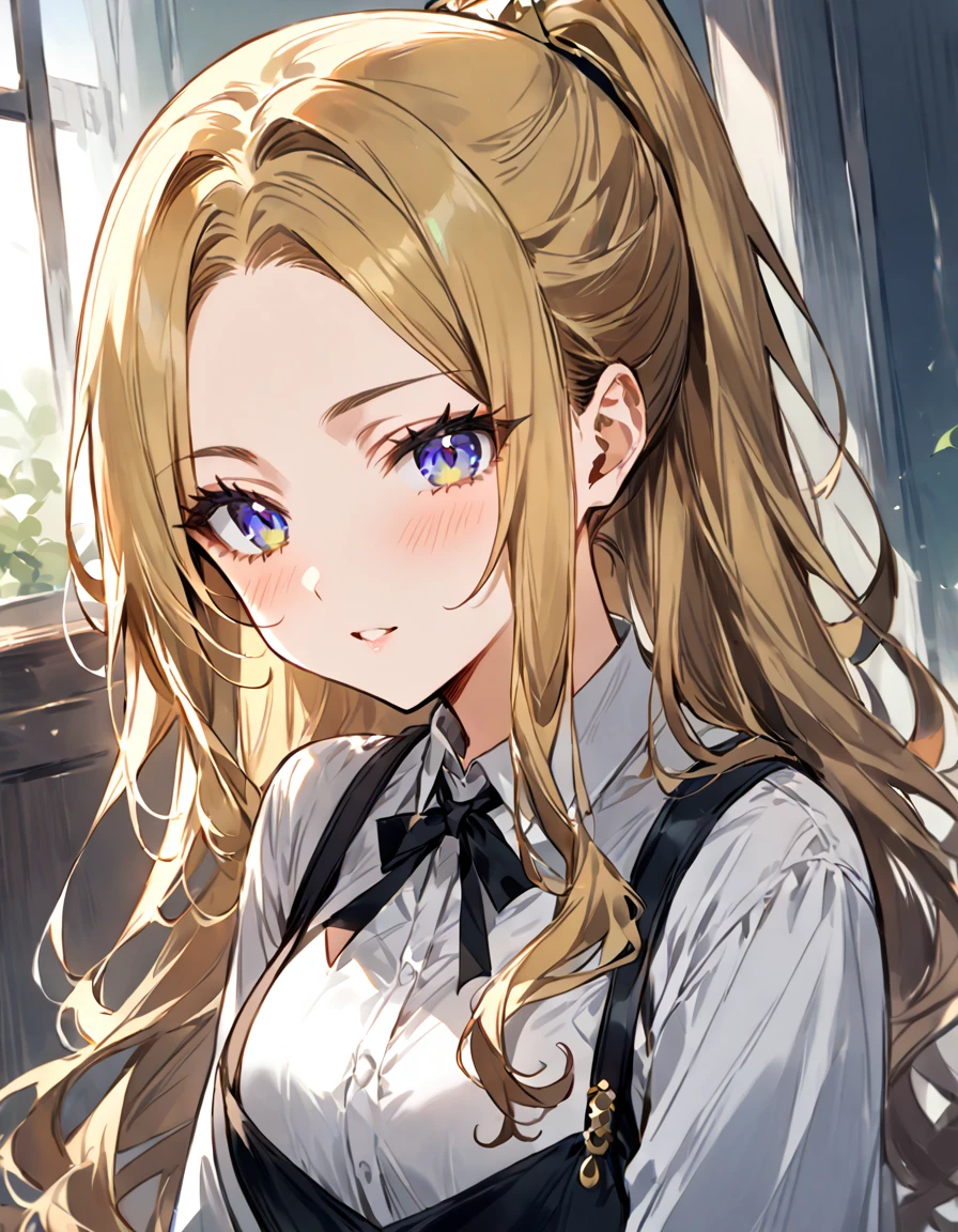 score_9, score_8_up, score_7_up, masterpiece, ultra-detailed, pretty eyes, 1Girl,  long hair, gold hair, forehead, sidelocks, High ponytail,