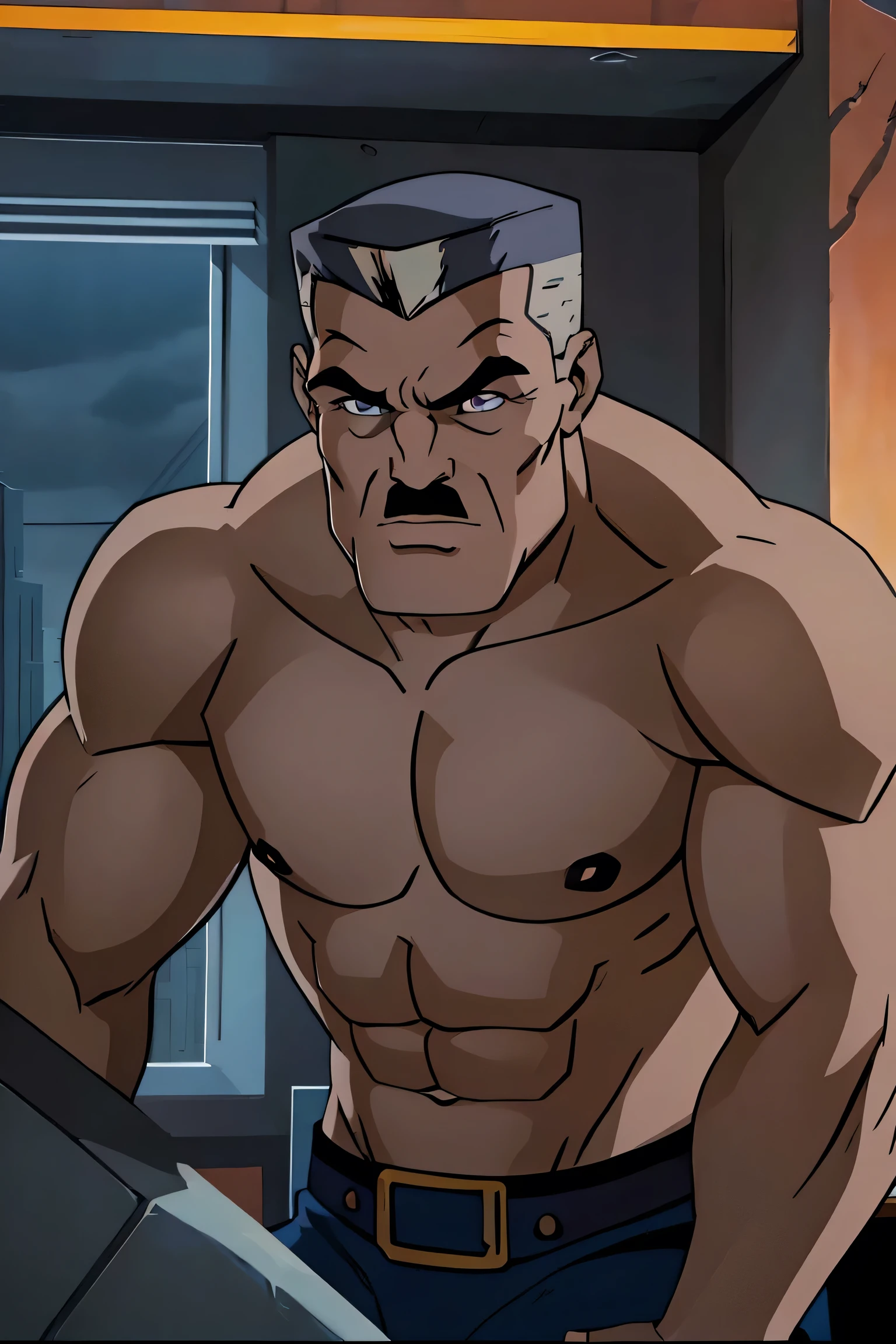 A shirtless man, john jonah jameson, muscular male figure, extremely detailed face and body, chiseled abs, strong jawline, piercing eyes, rugged and handsome features, dramatic lighting, cinematic pose, realistic skin texture, dramatic shadows, warm color palette, masterpiece, photorealistic, 8k, high quality