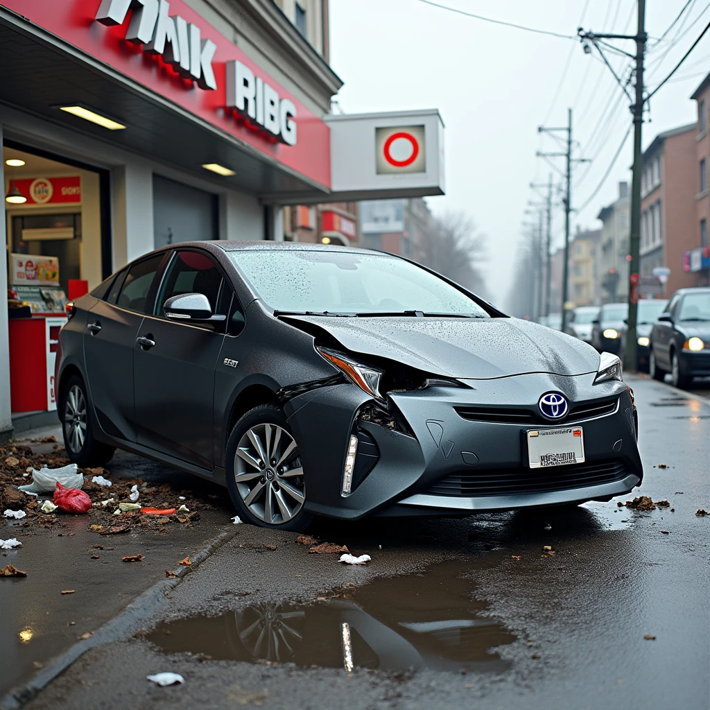 a crashed Toyota Prius and Destroyed convenience store, 