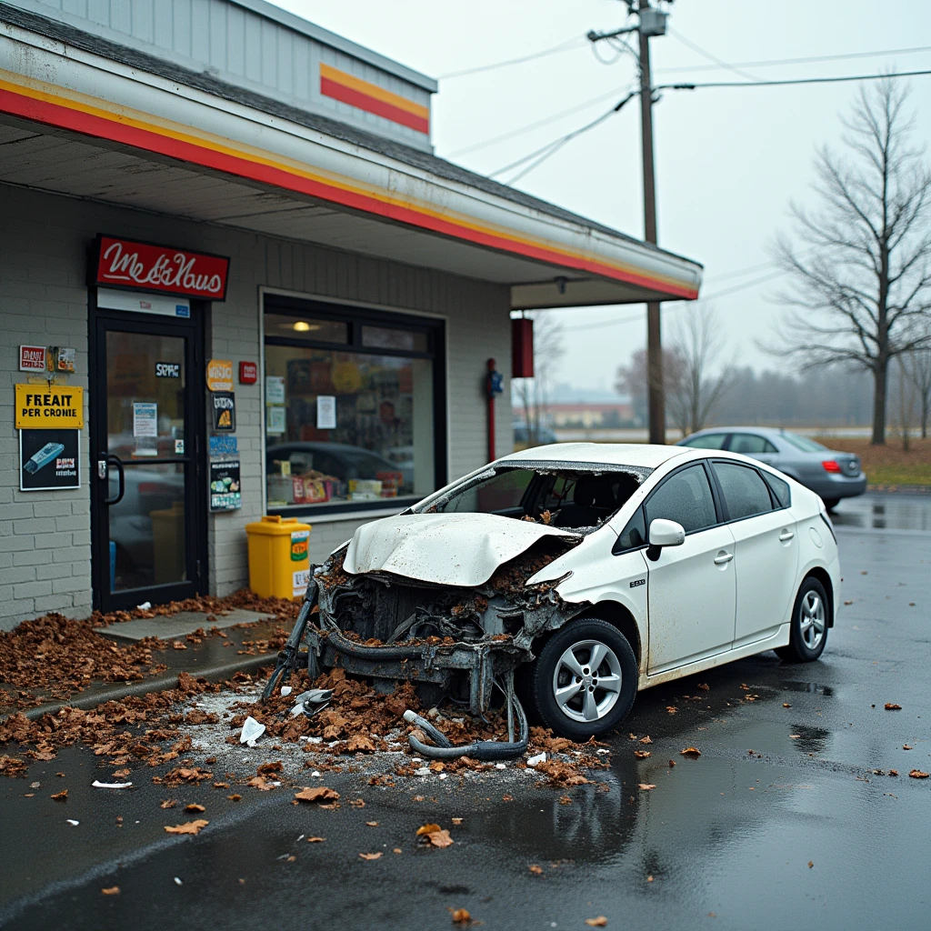 a crashed Toyota Prius and Destroyed convenience store, 