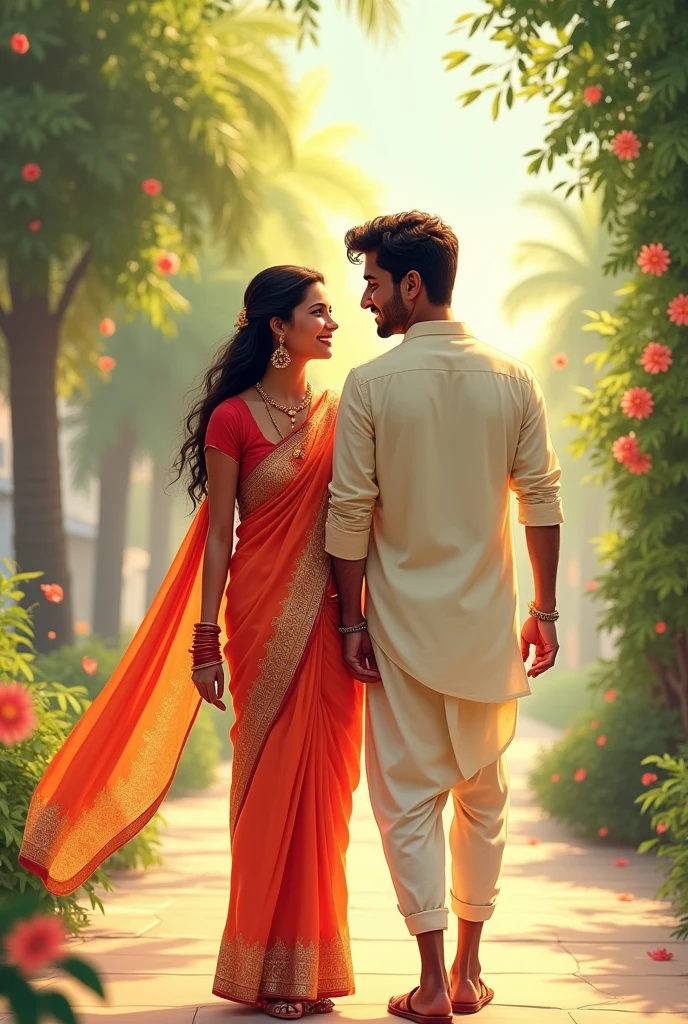 Beautiful southindian couples. Romantic walking . Illustration image. Romantic look and smile