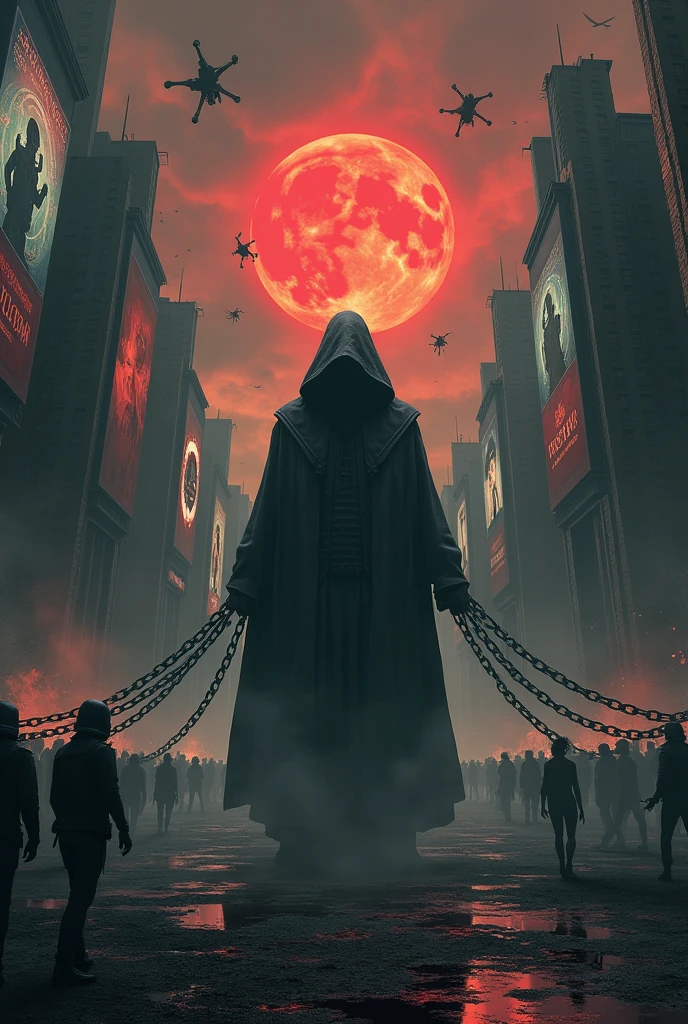 Imagine a gloomy, apocalyptic scene in a dark, decaying city, where the global system is clearly under the control of malevolent forces. The tall, dilapidated buildings are covered in giant screens displaying disturbing images and dark symbols., along with propaganda messages that promote blind obedience and chaos. on the streets, People walk like robots, with empty expressions, without own will, while drones and sinister-looking soldiers patrol to maintain control.
In the center of the image, an imposing hooded figure shrouded in shadows, symbolizing the Devil, manipulates huge chains that stretch across the city, connected to all aspects of the system: economy, Government, Technology and religion. Each link in the chains is embedded in the minds and bodies of citizens, forcing them to follow the wishes of this dark force. The institutions, represented by monumental buildings with oppressive architecture, are clearly corrupt, with diabolical symbols integrated into their structures.
The sky is covered by red and black clouds, reflecting an atmosphere of condemnation and hopelessness. In the distance, an eternal fire burns on the horizon, as a visual representation of the hell that is coming. on the streets, The few people aware of what is happening hide and whisper in the shadows, Terrified but powerless to fight the system that works tirelessly for the interests of the Devil.