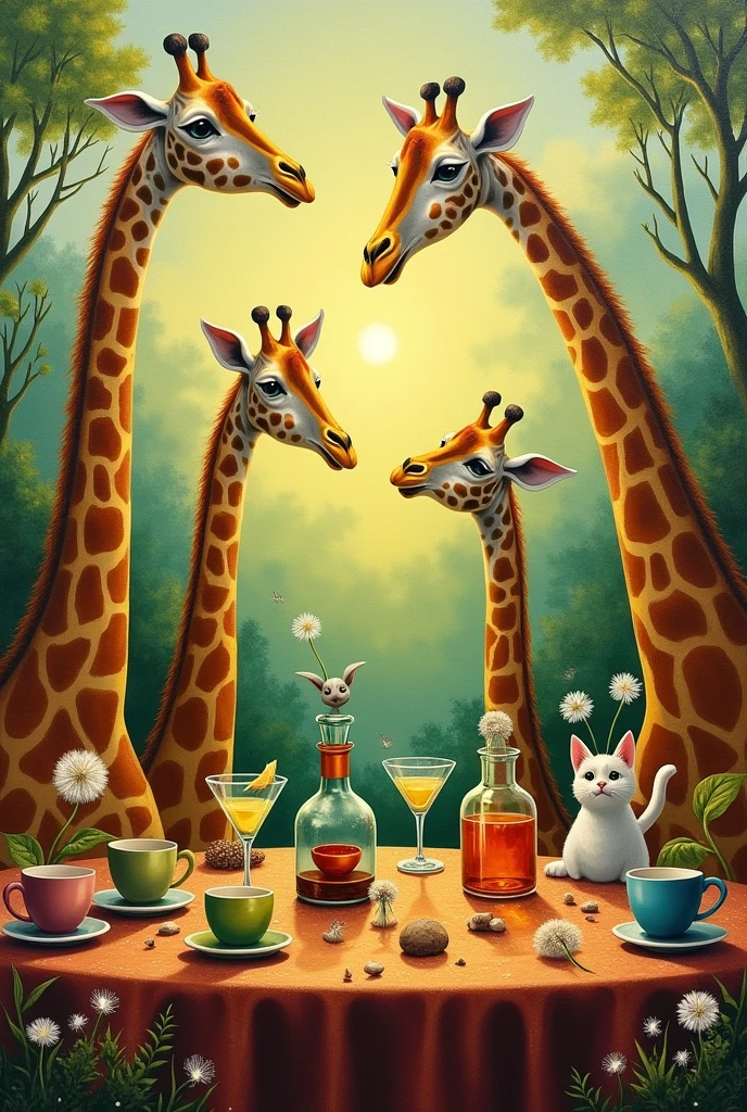 a painting containing cups, cats, giraffes, olive green, dawn, the coffee, margaritas, dandelions and glass jars 