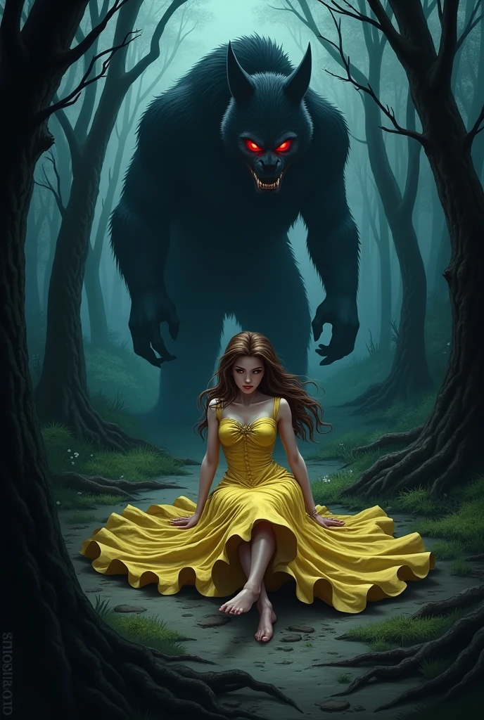 Beauty and the Beast，Princess Belle，Yandere，skirt破烂，Tearing，Lying in the woods，Dark and spooky，skirt，Brown hair，The beast is behind.