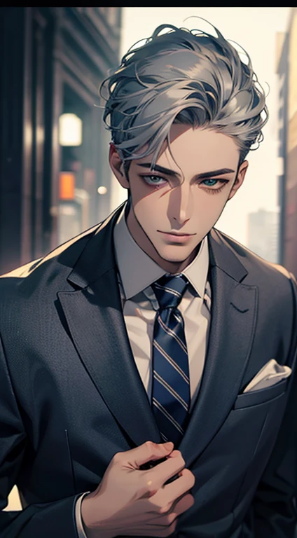 (Highest quality,4K,8K,High resolution,masterpiece:1.2),Super detailed,(Realistic,photoRealistic,photo-Realistic:1.37),1 person,31 years old,Mature Men,Beautiful skin、very handsome,Expressionless smile in love,Short gray blue hair,green eyes,Sharp Eyes,A perfect face without a doubt,Businessman,Office Background,Cinema Lighting,HDR image,tie、