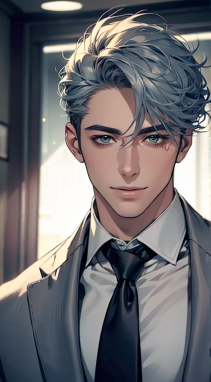 (Highest quality,4K,8K,High resolution,masterpiece:1.2),Super detailed,(Realistic,photoRealistic,photo-Realistic:1.37),1 person,31 years old,Mature Men,Beautiful skin、very handsome,Expressionless smile in love,Short gray blue hair,green eyes,Sharp Eyes,A perfect face without a doubt,Businessman,Office Background,Cinema Lighting,HDR image,tie、