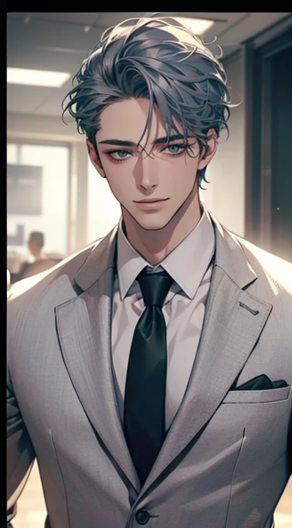 (Highest quality,4K,8K,High resolution,masterpiece:1.2),Super detailed,(Realistic,photoRealistic,photo-Realistic:1.37),1 person,31 years old,Mature Men,Beautiful skin、very handsome,Expressionless smile in love,Short gray blue hair,green eyes,Sharp Eyes,A perfect face without a doubt,Businessman,Office Background,Cinema Lighting,HDR image,tie、