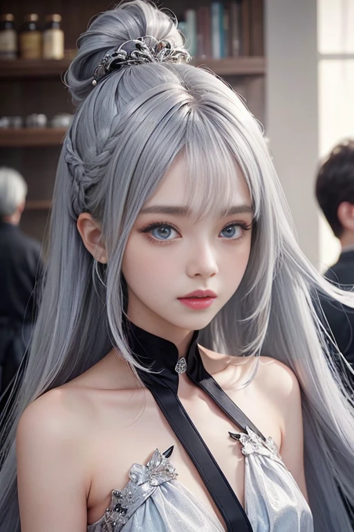 cute、woman、A hairstyle in which all hair is combed back、Odd Eye、Silver hair back、male、Her hair is shoulder-length、Odd Eye、male'Left eye is red、male right eye blue、Increase the wide angle、Clear Eyes、White and blue magic costume、mini skirt、(A kind smile).(Platinum Hair Ornament).