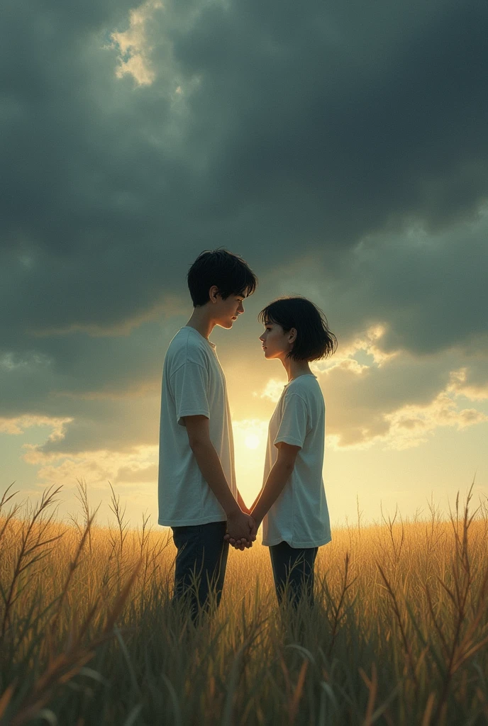 Create an illustration of two young people standing in a vast field of tall grass, with dark and dramatic clouds filling the sky above them. The atmosphere is moody and slightly surreal, as if a storm is approaching. The two characters have short, wind-swept hair and are wearing simple white shirts. They are reaching out to each other, with their hands nearly touching, evoking a sense of connection or longing. The scene should have a painterly, almost hand-drawn style with soft, blended colors and dynamic brushstrokes, capturing the emotion and tension in the moment.