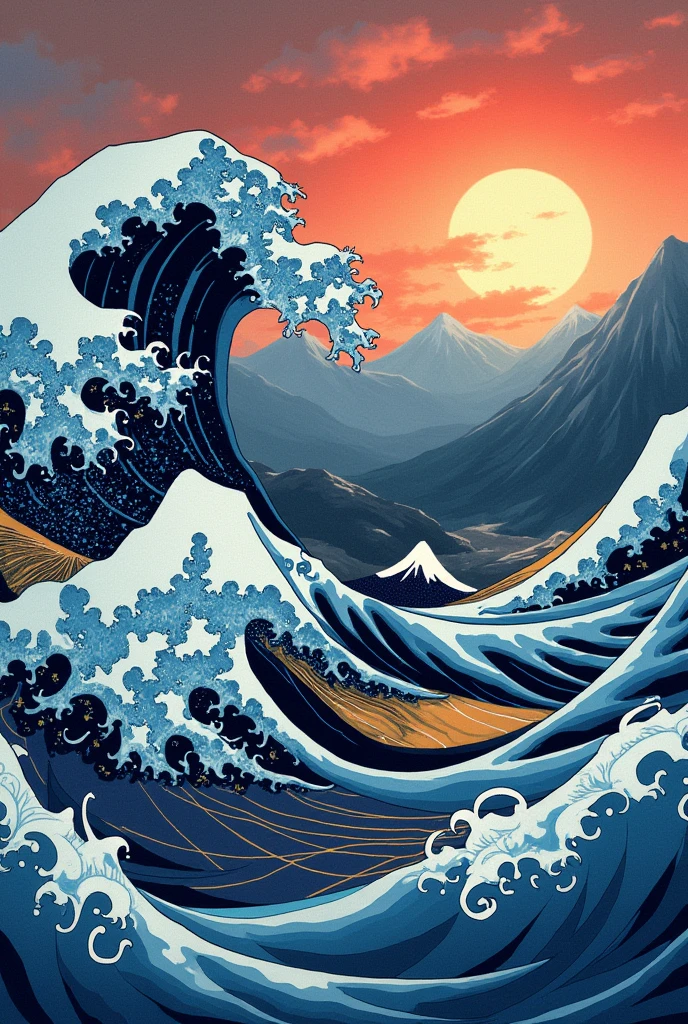 Traditional Japanese Pattern Detailed Intricate Waves　Sea Mountain Sky　Visually Appealing Rich Colors Deep Indigo Traditional Japanese Traditional Japanese Art Culture Challenging Satisfaction Wave Digital Art　Beautiful art　Digital Painting　Detailed Art　4K Detailed Wave Digital Art