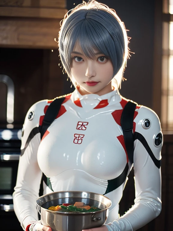 20 year old Japanese beauty,One person、Muscular body like a bodybuilder、Emphasize the breasts、Slit eyes、A head-to-toe view,Bust is very very large、The background is a medieval European kitchen、High quality photos、Clear, crisp images of the lower body、Masterpiece 8k、Ecstatic face、Stirring a pot of stew on the stove、color々from what camera angle to shoot、Ayanami Rei's plug suit from Evangelion