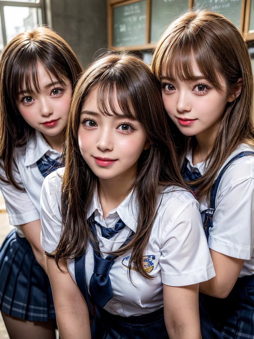 Browsing Caution, ((masterpiece)), ((Highest quality)), (Very detailedな), ((cute)), cute, (Multi-point), ((sexy)), (device), ((Very detailed)), 4K, (8k), Highest quality, (beautiful), hyper cute face, shape, Anime Style,hyper Genuineistic, Genuine, Dynamic Angle, ((whole body)), close, Thick outline, Clear contours, at school, (Three Girls, 3 cute girls:1.5), (Schoolgirl Uniform :1.5), beautiful light brown hair, beautiful brown eyes, ((beautiful eyes)), (Leaning forward:1.5), (Under the skirt:1.5), short hair, Big Breasts,  smile、Sweat makes your skin shiny