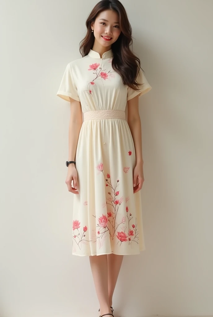 Create an image of a stylish dress designed for young women aged 20-25, featuring a dynamic and youthful style that combines modern and classic fashion elements with Vietnamese cultural influences. The dress should be versatile, suitable for both casual outings and daily workwear, with a simple yet chic design. Avoid overly bright colors, opting instead for a more muted and refined palette, such as soft pastels or earthy tones. The design should be clean and minimalistic, incorporating subtle traditional Vietnamese motifs or details, like lotus flowers or delicate embroidery. The dress should have a balanced silhouette, such as a fitted waist with a slightly flared or A-line skirt, offering comfort and effortless style.