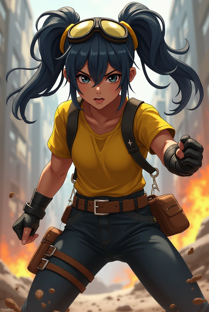 jbrawl, black eyes, twintails, goggles on headwear, bracelet
yellow shirt, bag, belt, pants, tight pants