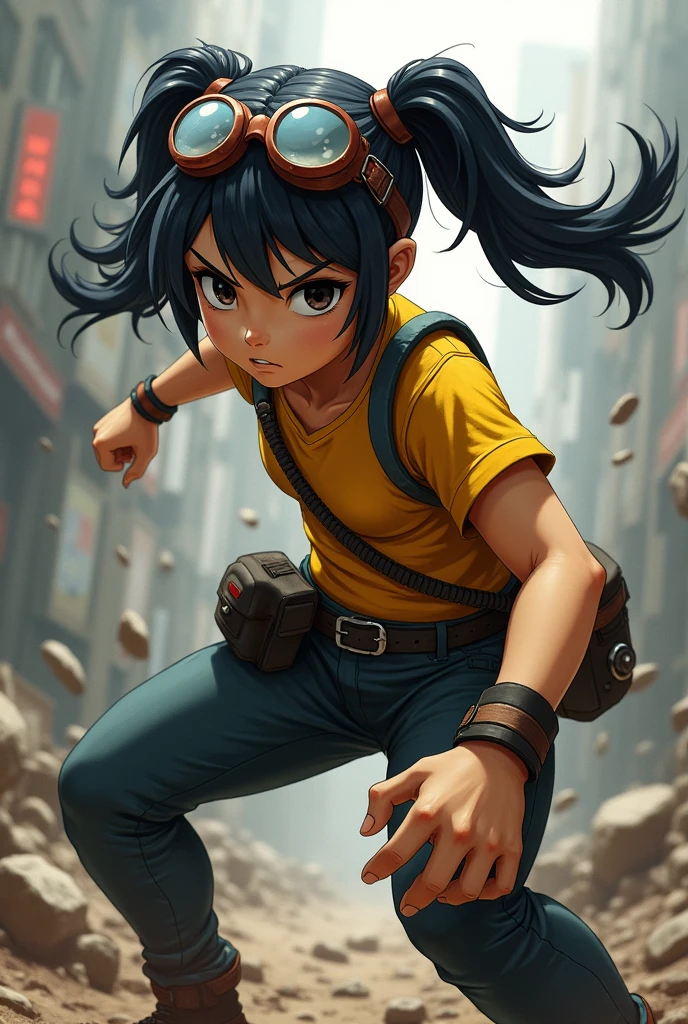 jbrawl, black eyes, twintails, goggles on headwear, bracelet
yellow shirt, bag, belt, pants, tight pants