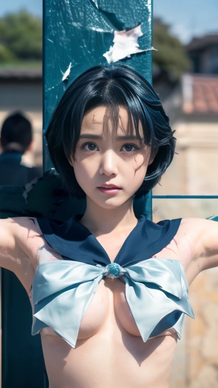 Highest quality，masterpiece，Ultra-high resolution, Very detailed, 8k，(Beautiful woman)，Beautiful 25 year old Japanese woman:1.5，Sailor Mercury、Mizuno Ami、（Blue Hair:1.4）、（Bobcut）、((Crucifixion))，((クロスにCrucifixionにされた女性：1.5)), torture、Execution、Whipping、(((Sailor Warrior Costumes))), (((Damaged Costumes)), (Ripped costume)、((Torn Costume)), ((Torn Costume)), ((Tattered costume)), ((Painful expression)), (((A body covered in scars))),