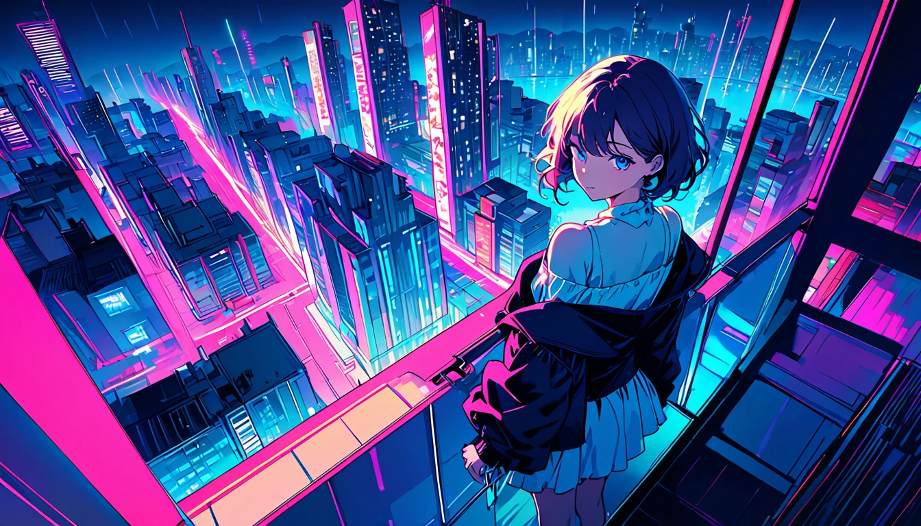 masterpiece,Highest quality,1 Synthwaveガール,Blue outline,Neon cityscape,Blue fluorescent paint,alone,From above,Cowboy Shot,Rooftop of a building,Extremely detailed CG,Flat Color,Limited edition palette,Line art,silhouette,Partially colored,Alternative color,Dynamic Angle,Mizuga Short Bob、Blue Long Upper Champagne,Dark purple shadow,Synthwave,chromatic aberration,(aloneフォーカス)、Perfect Shadow、Wear an off-the-shoulder floating jacket、Delicate face、、Beautiful and delicate eyes、Delicate background、Blue Neon Light、night、