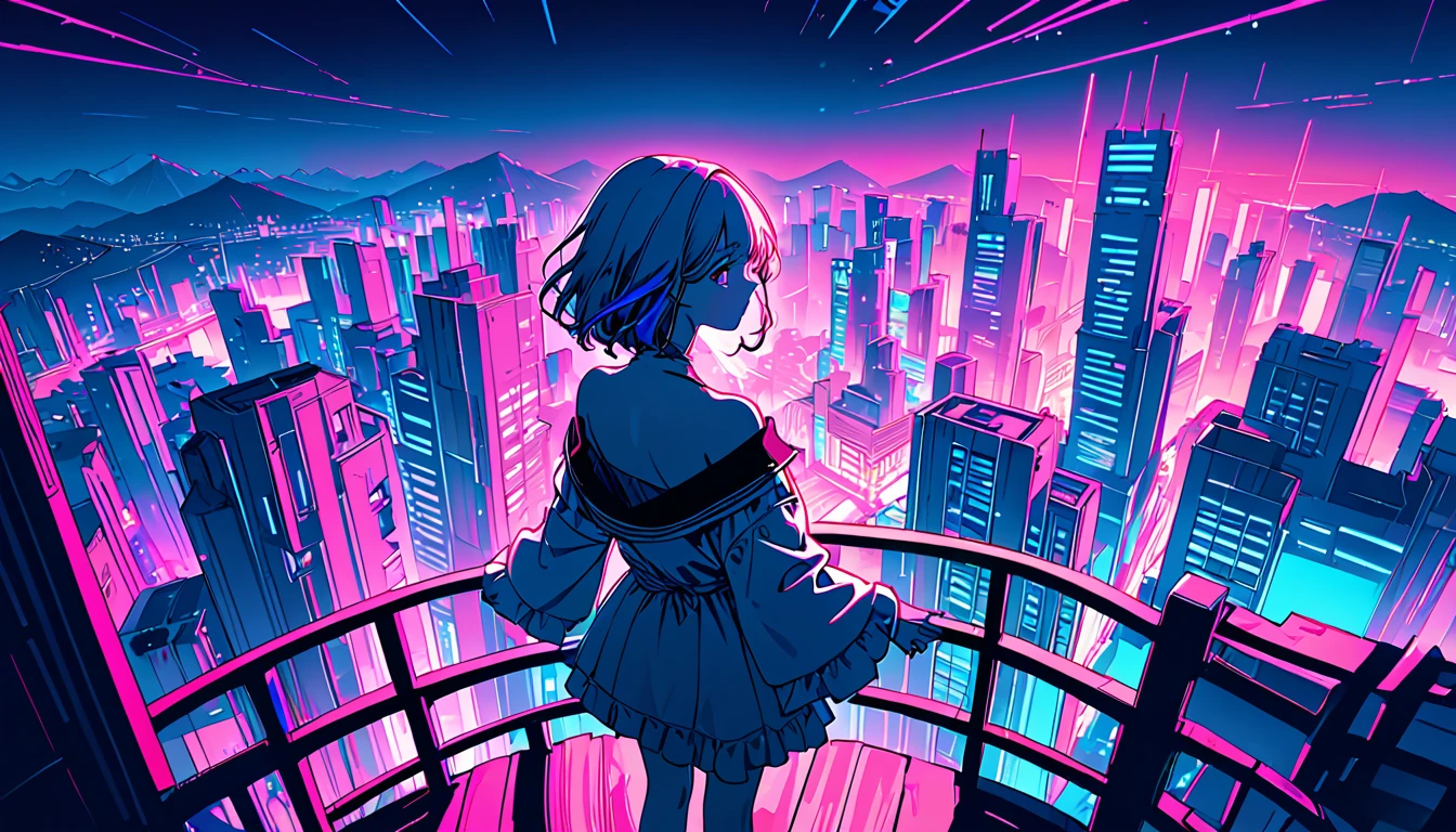 masterpiece,Highest quality,1 Synthwaveガール,Blue outline,Neon cityscape,Blue fluorescent paint,alone,From above,Cowboy Shot,Rooftop of a building,Extremely detailed CG,Flat Color,Limited edition palette,Line art,silhouette,Partially colored,Alternative color,Dynamic Angle,Mizuga Short Bob、Blue Long Upper Champagne,Dark purple shadow,Synthwave,chromatic aberration,(aloneフォーカス)、Perfect Shadow、Wear an off-the-shoulder floating jacket、Delicate face、、Beautiful and delicate eyes、Delicate background、Blue Neon Light、night、