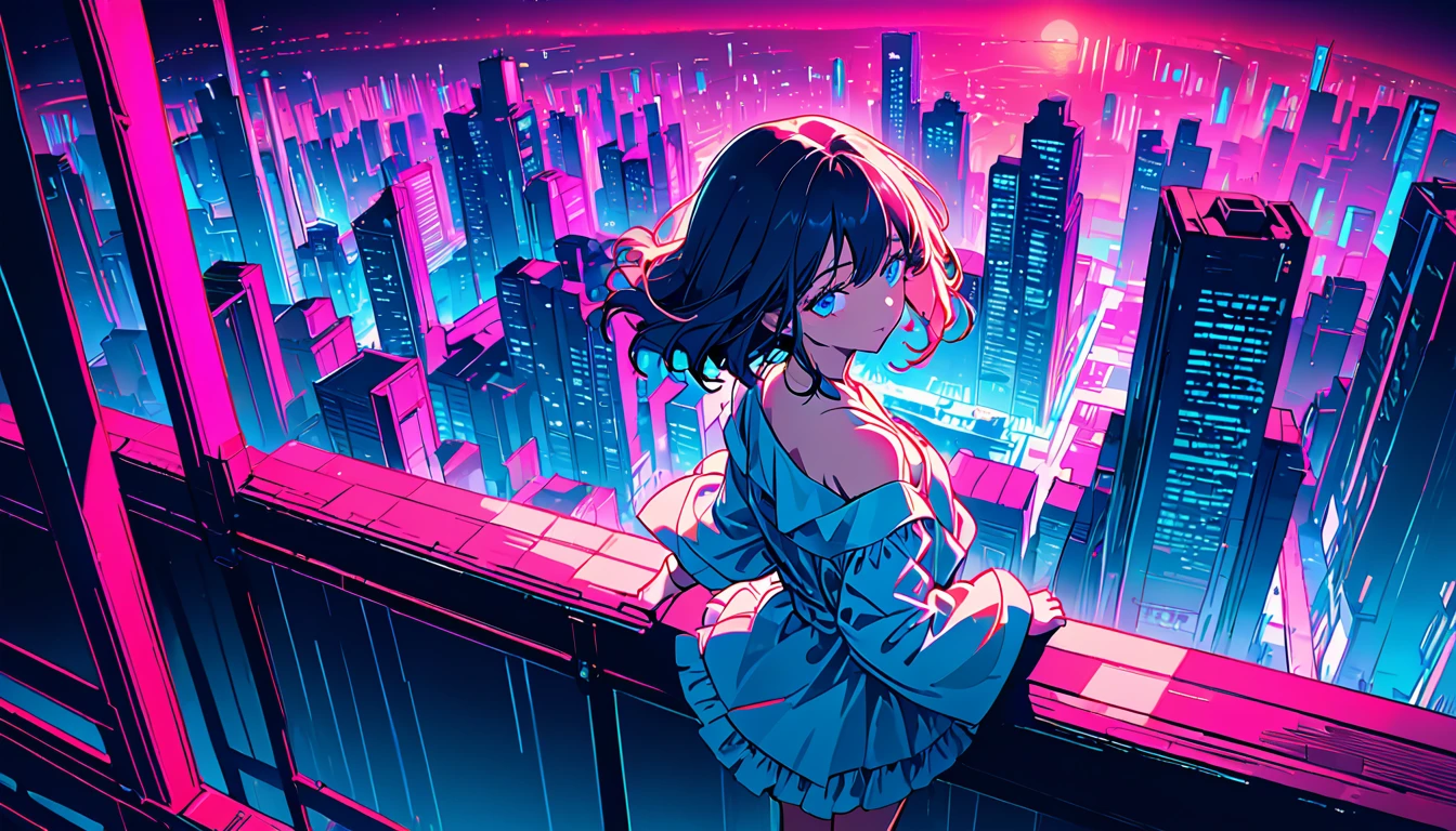 masterpiece,Highest quality,1 Synthwaveガール,Blue outline,Neon cityscape,Blue fluorescent paint,alone,From above,Cowboy Shot,Rooftop of a building,Extremely detailed CG,Flat Color,Limited edition palette,Line art,silhouette,Partially colored,Alternative color,Dynamic Angle,Mizuga Short Bob、Blue Long Upper Champagne,Dark purple shadow,Synthwave,chromatic aberration,(aloneフォーカス)、Perfect Shadow、Wear an off-the-shoulder floating jacket、Delicate face、、Beautiful and delicate eyes、Delicate background、Blue Neon Light、night、