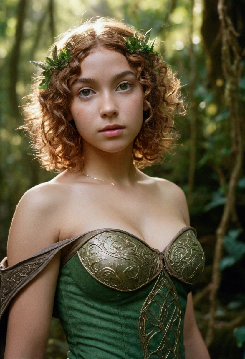 analog film photo, photo of a young elven girl, 18 years old, elf ears, amber eyes, curly bob cut, tan complexion, Amazonian stature, voluptuous hourglass figure, busty bosom, narrow waist, full hips, big plump buttocks, wearing a strapless elven mini-dress, strolling through a fantasy landscape, RAW Photograph, dslr, soft lighting, high quality, film grain, Fujifilm XT3, detailed skin with visible pores, insane details, masterpiece, 8k, 35mm photograph, dslr, kodachrome, faded film, desaturated, grainy, vintage, Lomography, stained, highly detailed, found footage, close-up shot, elven ears