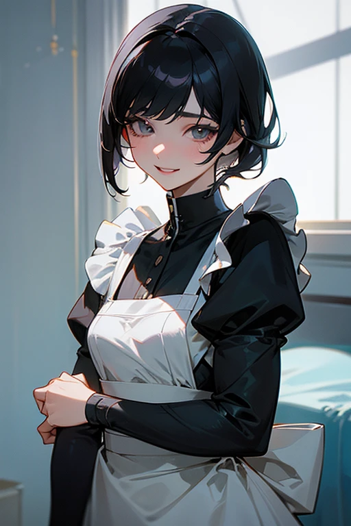 (Highest Resolution, clear_image) Highest quality, single, One woman, alone, masterpiece, Very detailed, Semi-realistic, Black Hairのショートヘア, Black Hair, bangs, 18-year-old, mature, Light blue , Indoor Background, kind, Authoritative, Powerful, exquisite features, exquisite features、Eyelashes become longer、Showing teeth、smile😀、Maid clothes、woman'Fingers in the、Sleeping on the sofa、Long Hair、Fluttering in the wind、((Change of clothes)).
