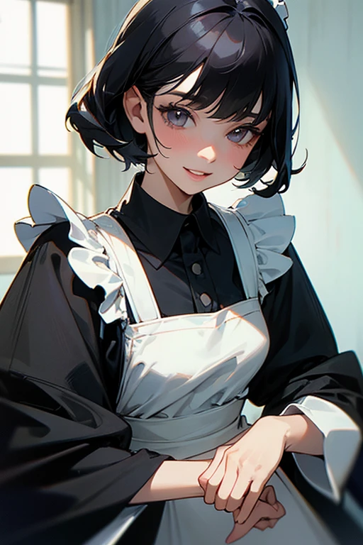 (Highest Resolution, clear_image) Highest quality, single, One woman, alone, masterpiece, Very detailed, Semi-realistic, Black Hairのショートヘア, Black Hair, bangs, 18-year-old, mature, Light blue , Indoor Background, kind, Authoritative, Powerful, exquisite features, exquisite features、Eyelashes become longer、Showing teeth、smile😀、Maid clothes、woman'Fingers in the、Sleeping on the sofa、Long Hair、Fluttering in the wind、((Change of clothes)).