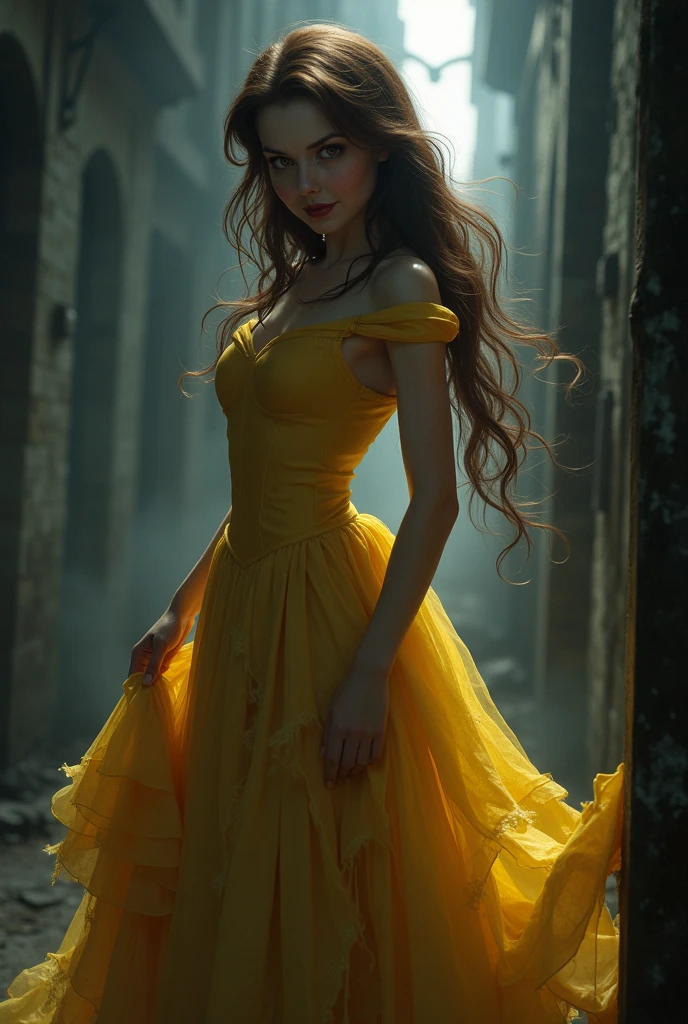 Beauty and the Beast,Princess Belle,Yandere,The skirt is torn,Tearing,looking down with a mischievous smile,Dark and spooky,yellow skirt,Brown hair,real