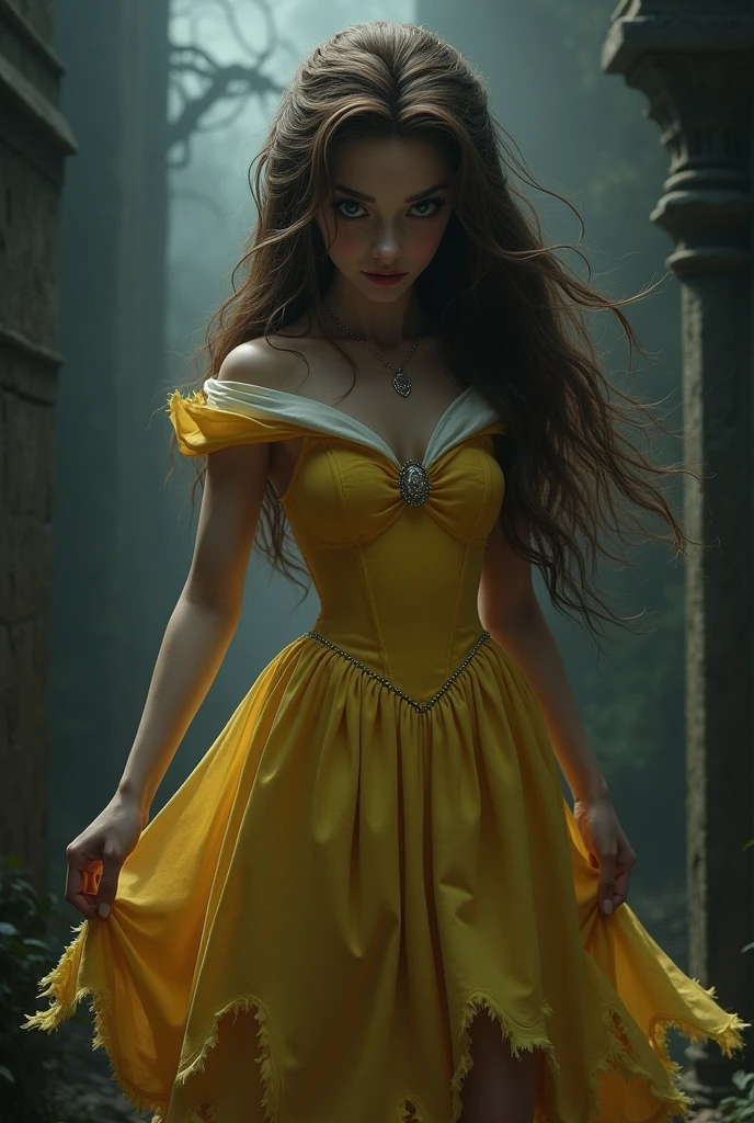 Beauty and the Beast,Princess Belle,Yandere,The skirt is torn,Tearing,looking down with a mischievous smile,Dark and spooky,yellow skirt,Brown hair,real