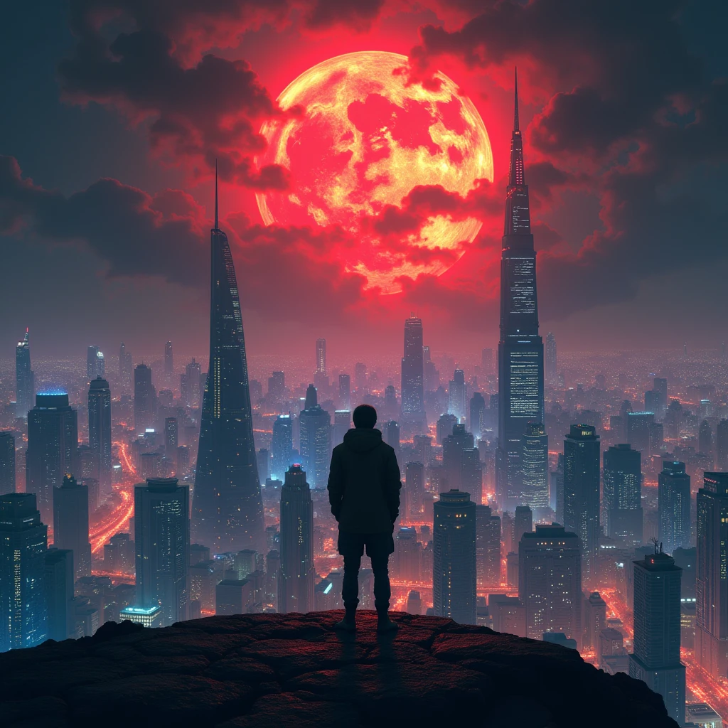 Overlooking a vast, futuristic city at night。The city、It's filled with towering skyscrapers with a mix of blue and red neon lights.。Above、A huge, blazing red sun, surrounded by swirling dark clouds and embers, dominates the sky.、Casts an ominous glow over the entire scene。The atmosphere is a mix of awe and impending doom.、The figure appears to contemplate the vastness of the city and the apocalyptic sky above.。
