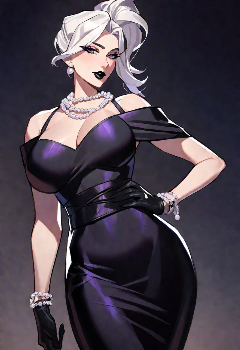 mature woman,white curly hair tied up in a ponytail, hand on the waist,seducer ,eyes black,black lipstick, breasts big, black gloves, pearl necklace black dress white details,