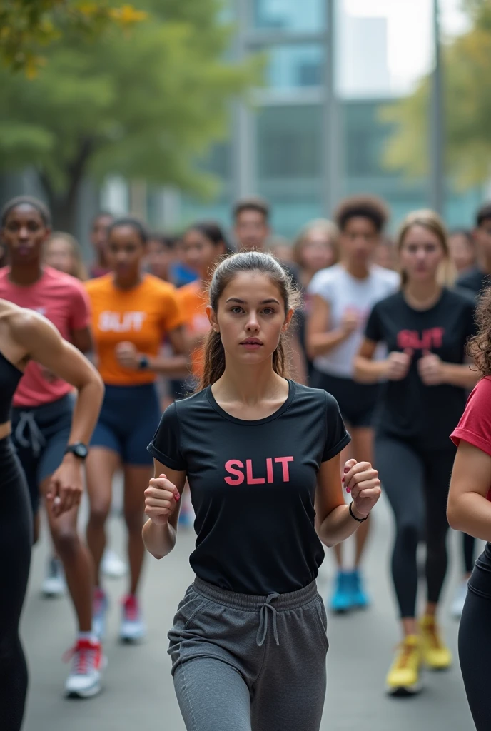 Group of student doing excersie in university ,S L I I T printed on their t shirt