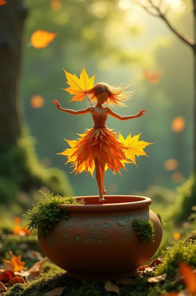 A whimsical miniature figure composed
of delicately arranged autumn leaves,
poised in a carefree dance on the rim of
a weathered, moss-covered terracotta
pot, set against a lush, vibrant forest
backdrop, where dappled sunlight filters
through the canopy above, casting
intricate shadows. The overall aesthetic
is ethereal, with warm, earthy tones of
sienna, umber, and olive green, infused
with hints of emerald and golden light,
evoking a sense of wonder and
enchantment, as if plucked from a
fantastical realm.