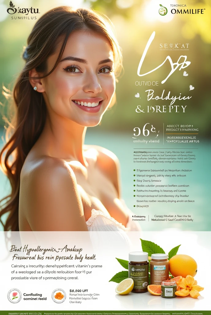 A flyer about hypoallergenic makeup with vitamins and body health inside and out ,that the Seytu and Omnilife product sign is visible 