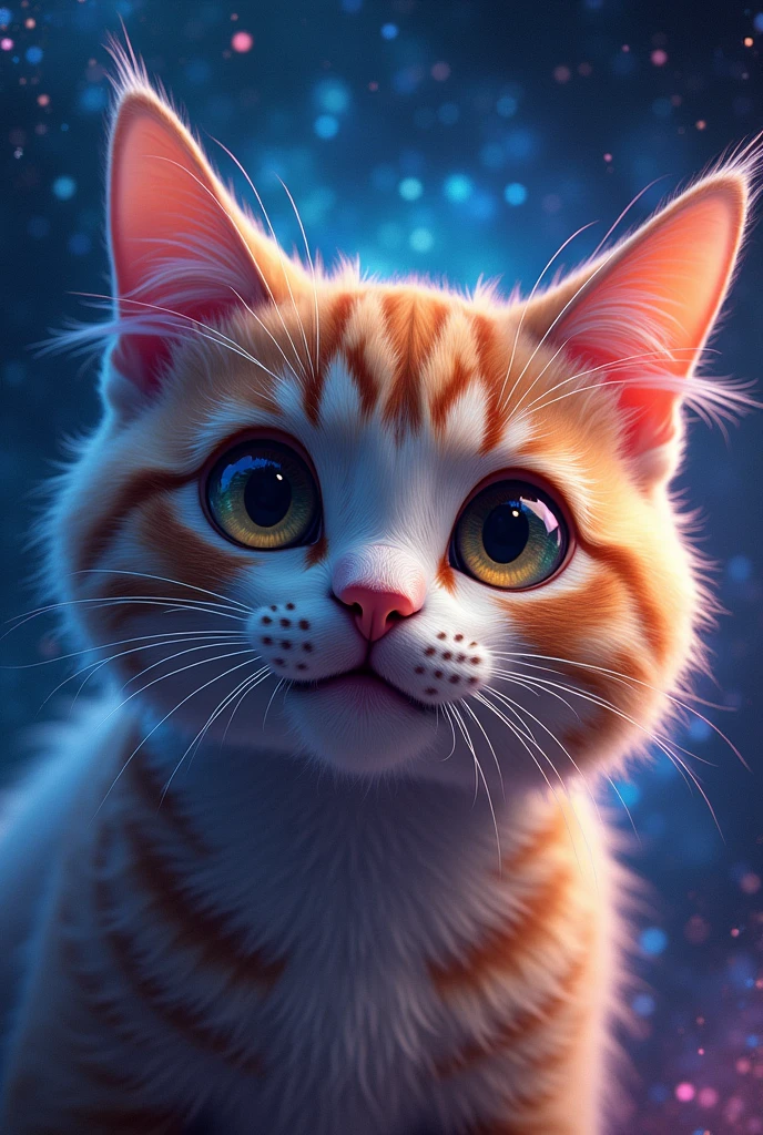 Cat face close up, Space in the background (Beautiful shining stars and galaxies), Space Cat, big "!?" on the screen is written in big letters on the screen,Sparkle Effect, smile, Open your mouth,