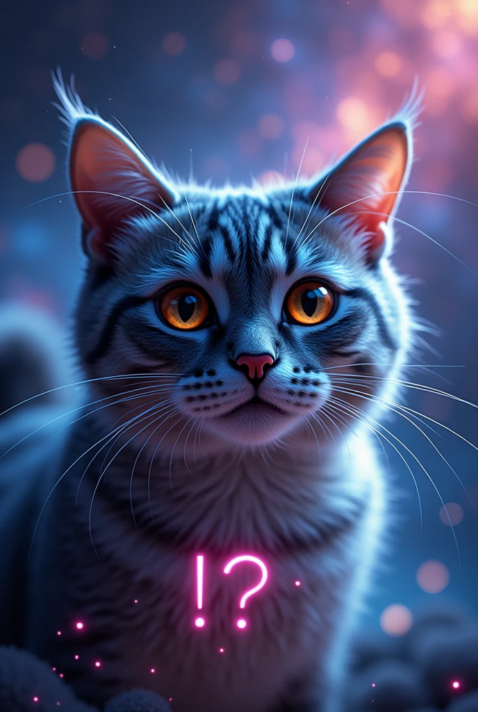 Cat face close up, Space in the background (Beautiful shining stars and galaxies), Space Cat, big "!?" on the screen is written in big letters on the screen,Sparkle Effect, smile, Open your mouth,