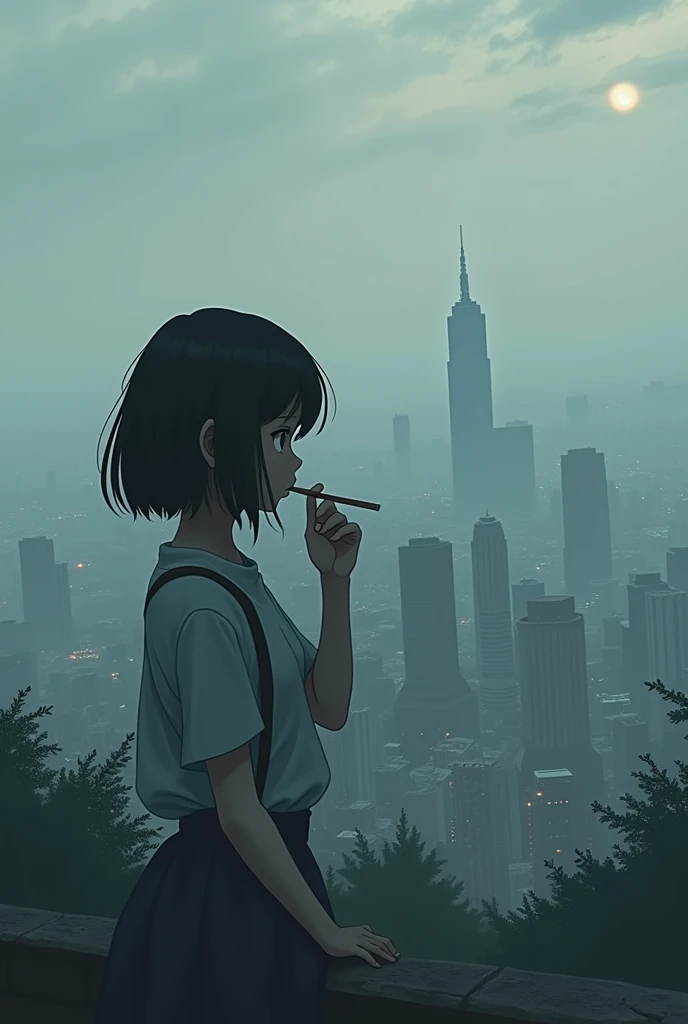 in anime style, Create an illustration, In the background of the image, depict a large metropolis under a cloudy, melancholic sky. A girl is smoking a cigarette, looking towards the horizon with a sad expression.