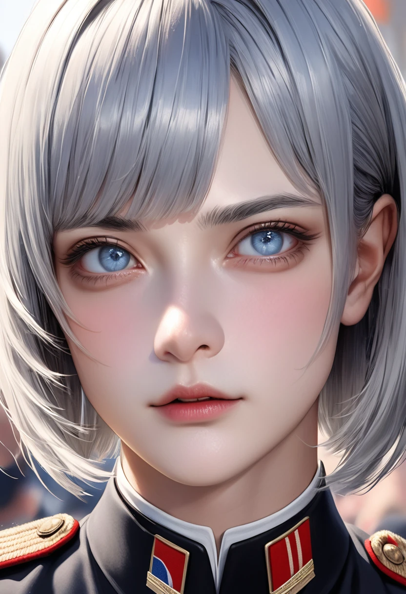 1 male Silver trimmed blunt bob cut Thin, white eyebrows Bangs cut straight above the eyebrows Light blue eyes Black and white uniform Military parade square Realistic