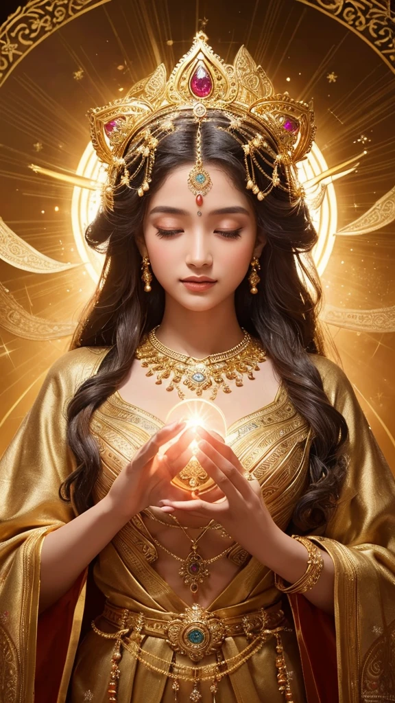 Depict a majestic goddess statue. The goddess is adorned in golden ornaments and is holding divine light in her hands. Her expression is serene and full of compassion, with intricate jewels and decorations scattered throughout her hair and garments. The background is surrounded by mystical circular patterns and a halo of light, creating an overall atmosphere of mystique and sanctity.