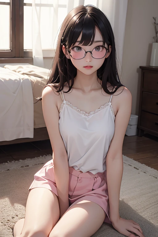 Highest quality、masterpiece、High sensitivity、High resolution、Detailed Description、Slender women、Glasses、White camisole、Sitting on the floor、In a pitch black room、Illuminate in pink、Lighting、