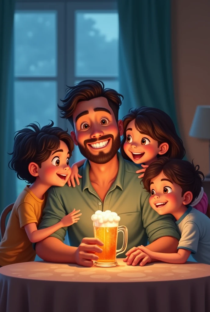 Give me an image that says Happy Birthday Dad 44 years, with a beer and blue color, and what about May Dani and Angel, a dad with three kids, a girl and two boys 