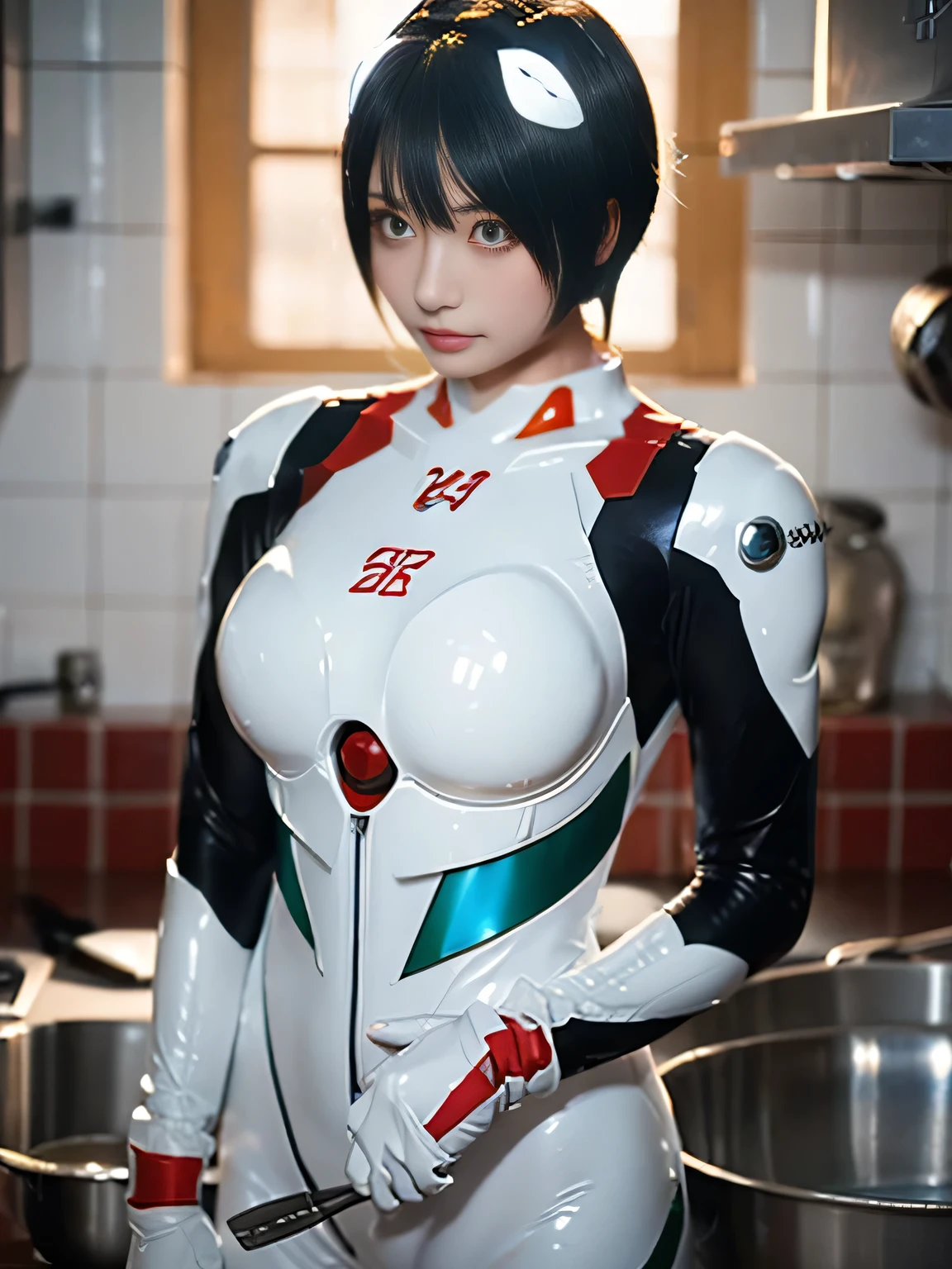20 year old Japanese beauty,One person、Muscular body like a bodybuilder、Emphasize the breasts、Slit eyes、A head-to-toe view,Bust is very very large、The background is a medieval European kitchen、High quality photos、Clear, crisp images of the lower body、Masterpiece 8k、Ecstatic face、Stirring a pot of stew on the stove、color々from what camera angle to shoot、Ayanami Rei's plug suit from Evangelion