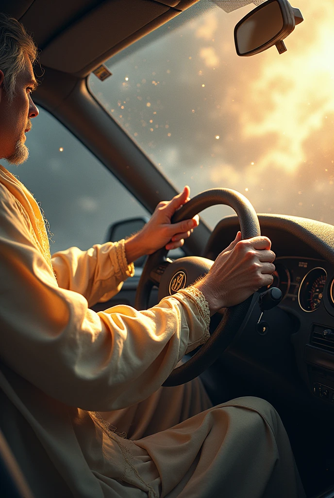The hands of God driving, holding the steering wheel, side view